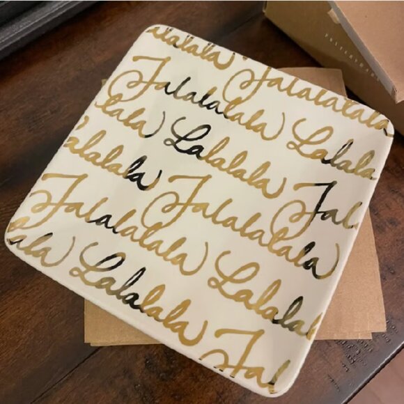 NEW S4 Pottery Barn Fa La La Appetizer Plates Gold Holiday Stoneware Snack Plate - Picture 2 of 6